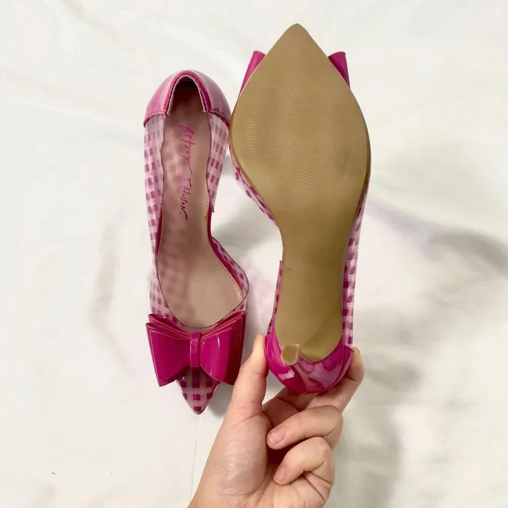 BETSEY JOHSON Fuchsia Checkered Kaison Pointed-Toe Stiletto Heel Bow Pumps 7.5 - Picture 5 of 6